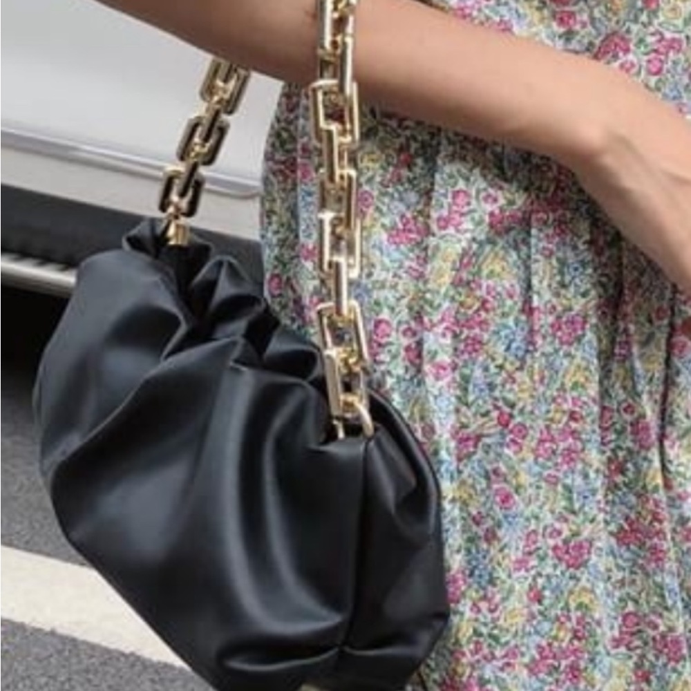 Black and Gold Slouchy Shoulder Bag with Chain
